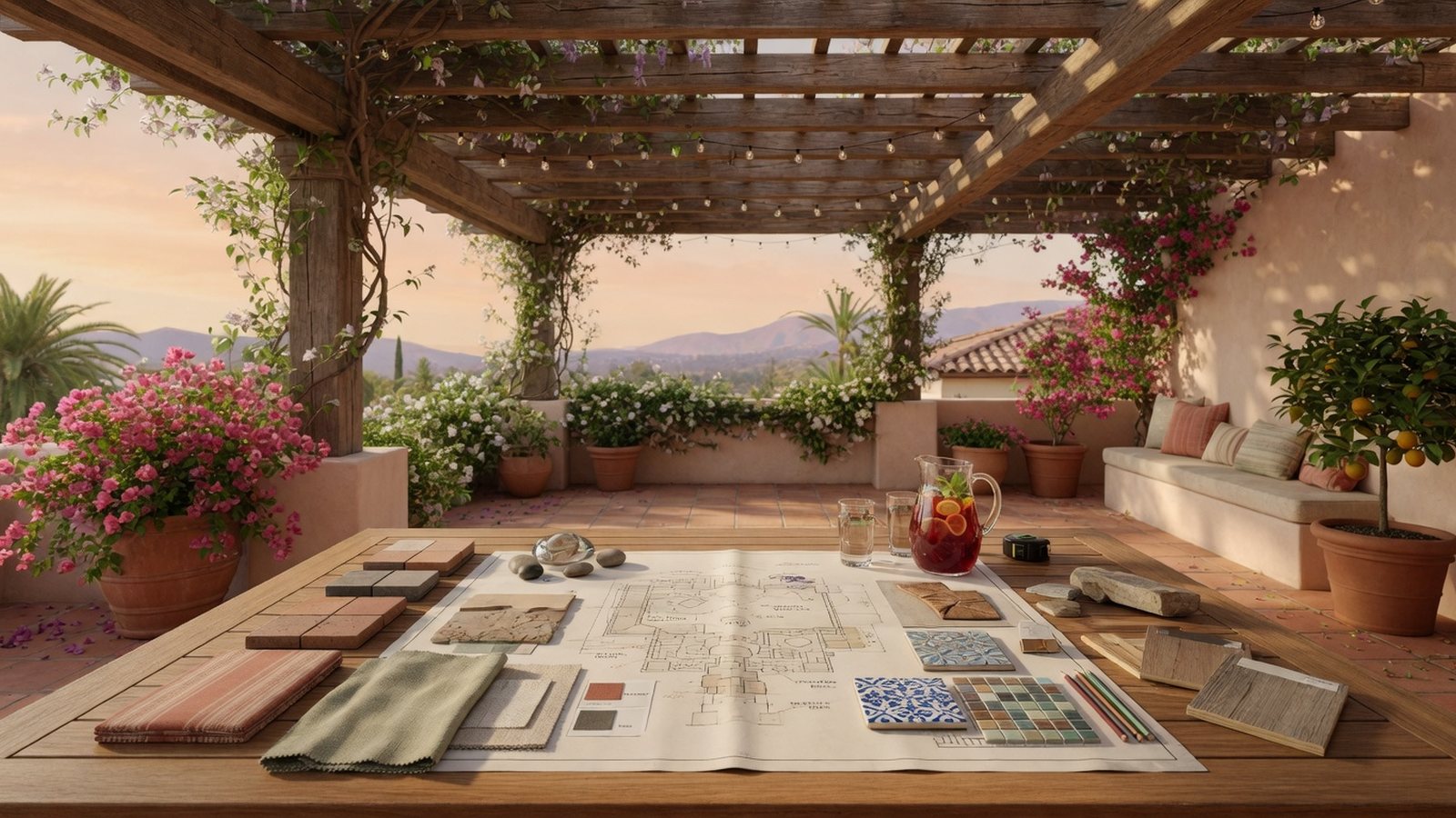 Outdoor living consultation on a shaded patio with pergola beams overhead