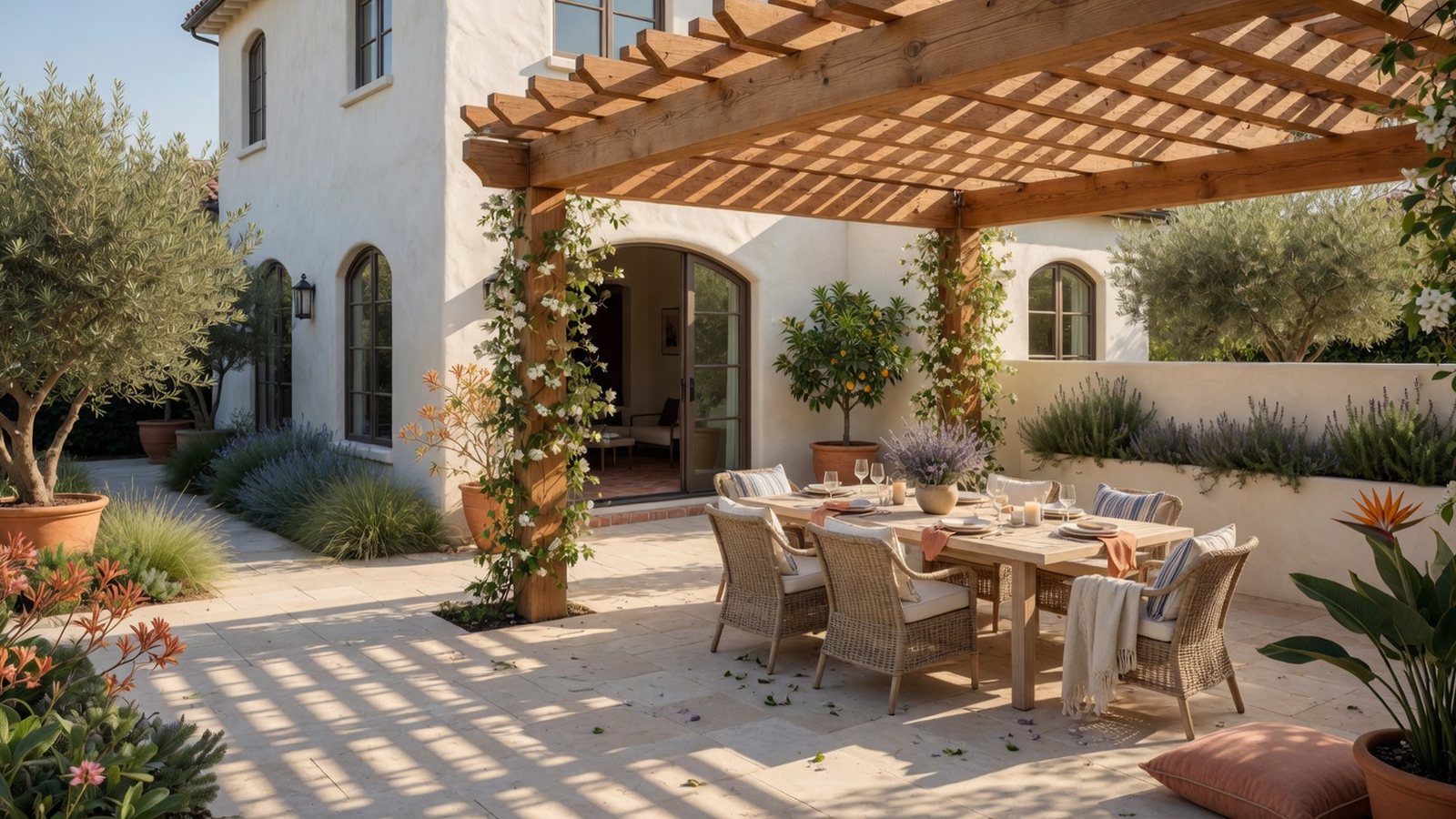Premium Southern California patio with a warm wood pergola casting shade over an outdoor dining space