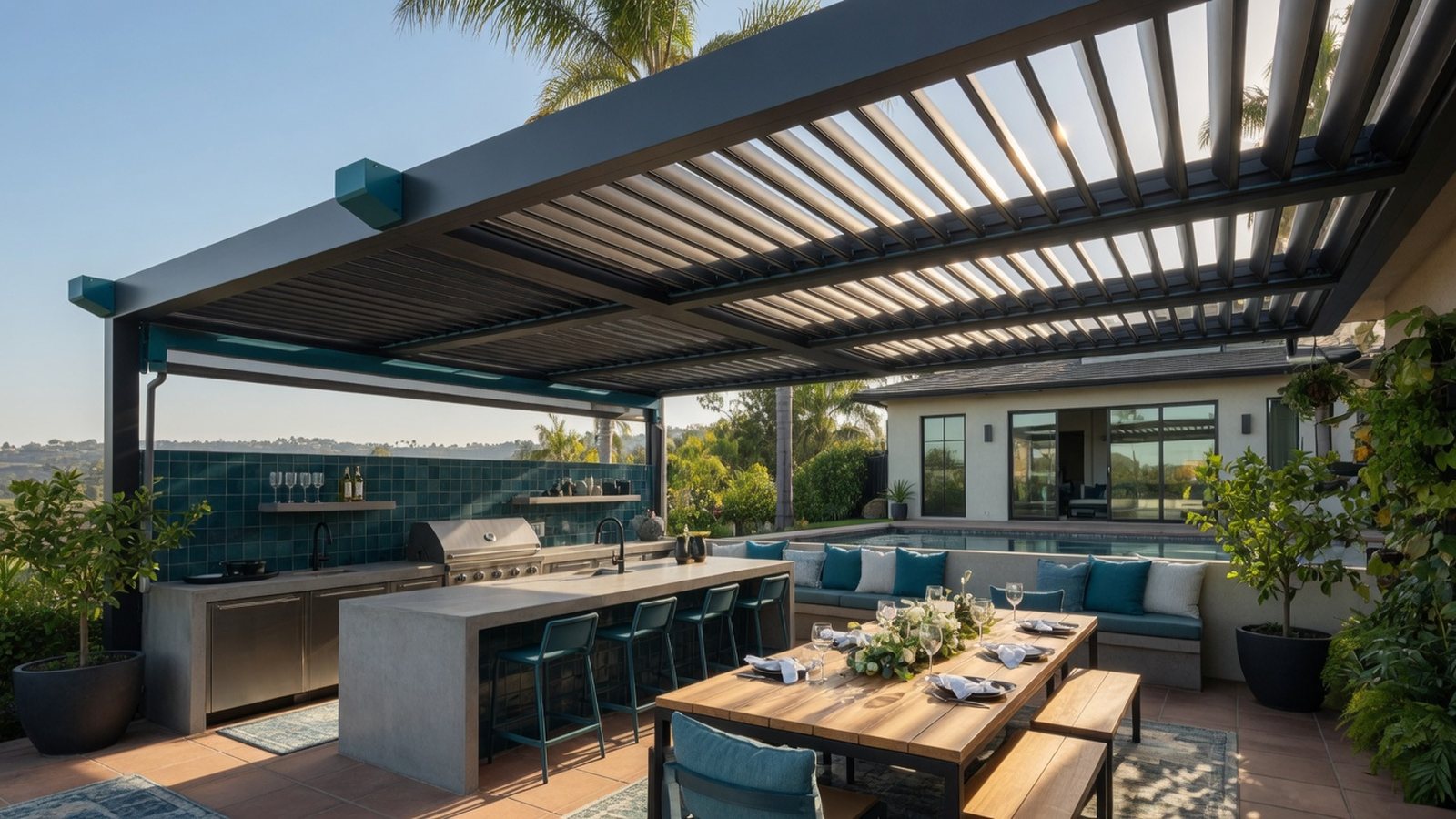 Modern louvered pergola over an outdoor kitchen and dining patio