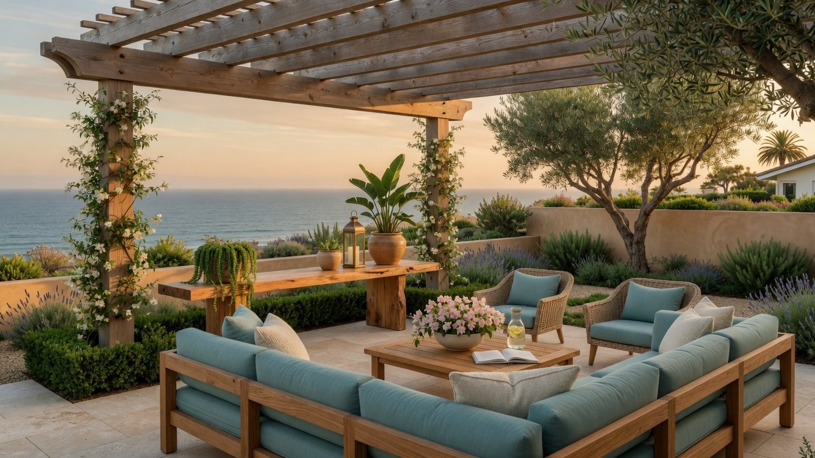 Freestanding pergola framing an outdoor living room with warm wood tones and coastal landscaping