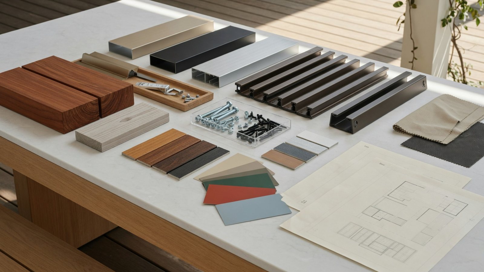 Pergola and patio cover material samples arranged on a design table
