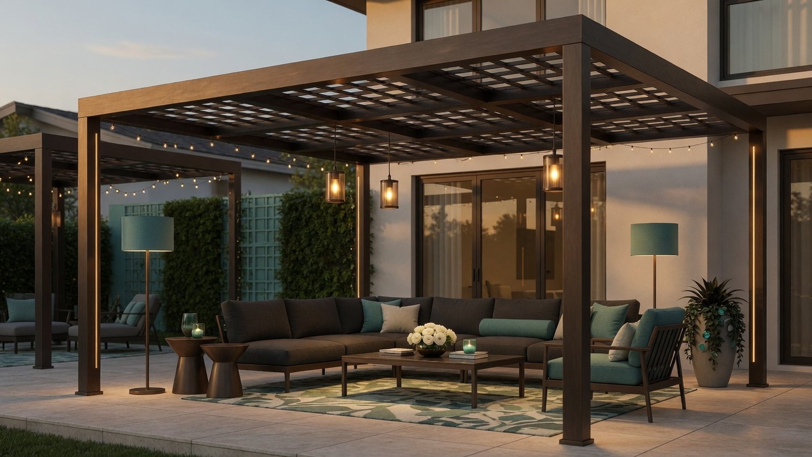 Contemporary metal pergola over a clean patio lounge with deep shade
